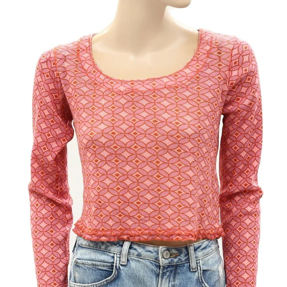 Free People Garner Long Sleeve Tee Blouse Top Cotton Print Ruffle L New